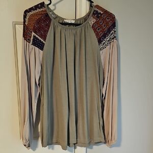 Easel Tan Pleated Long Sleeve Blouse